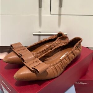 Salvatore Ferragamo Tan Leather Flats with Bow Detail